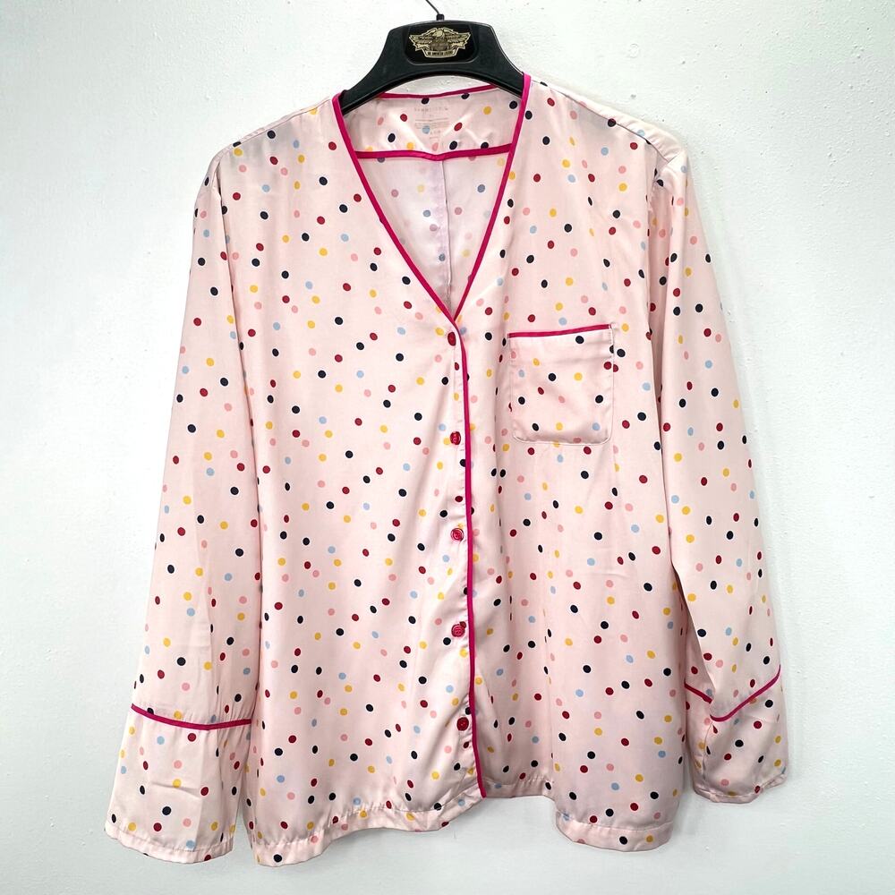 Summersalt Satin Pajama Shirt Top XL Button Up Pink Polka Dot Long Sleeve PJs